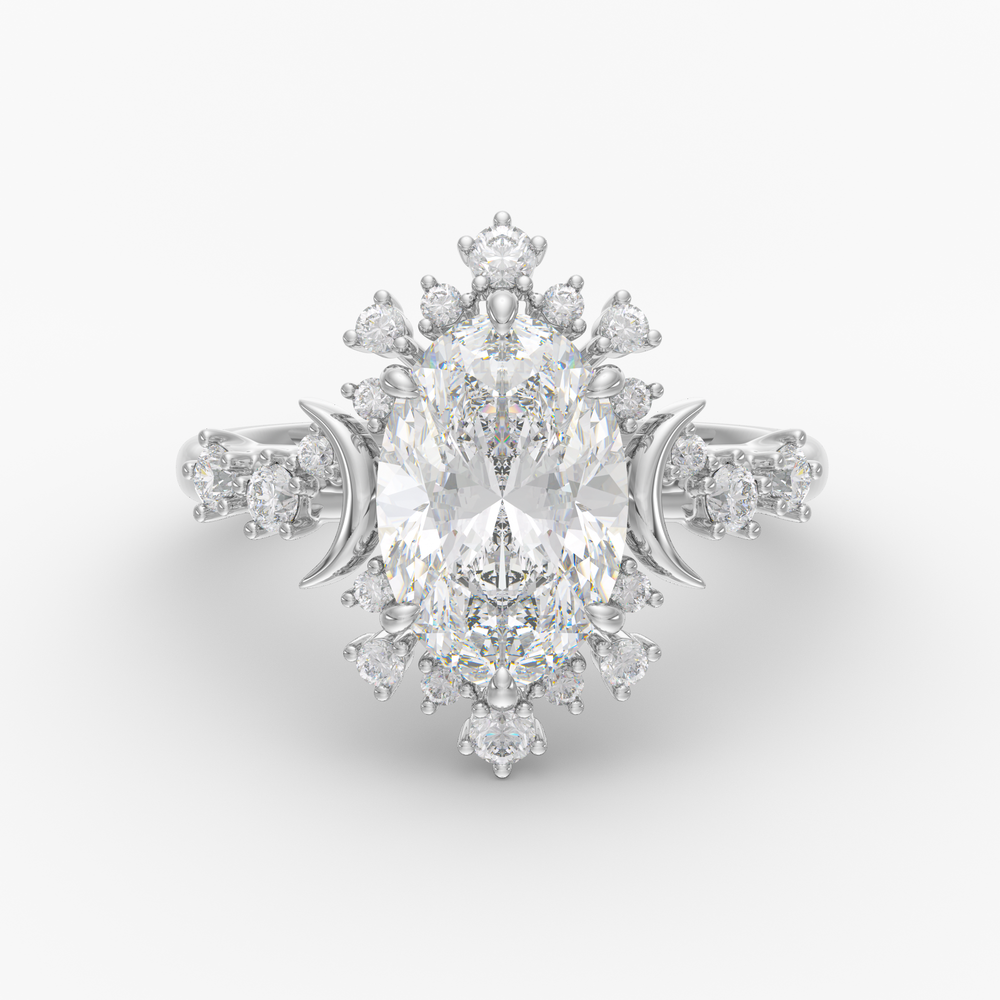 Caelum Oval engagement ring setting in 18K white gold, front view.