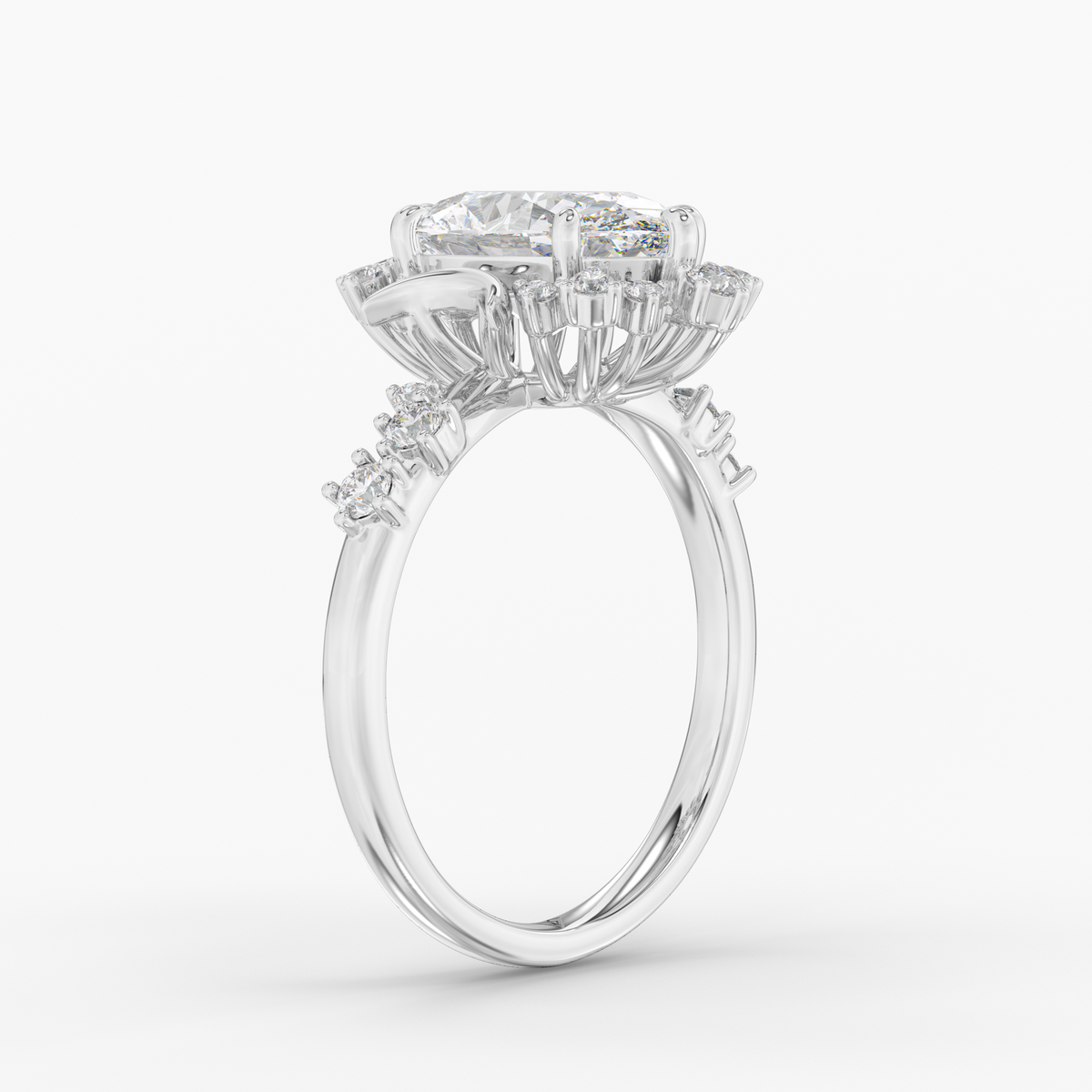 Caelum Oval engagement ring setting in 18K white gold, three-quarter view.