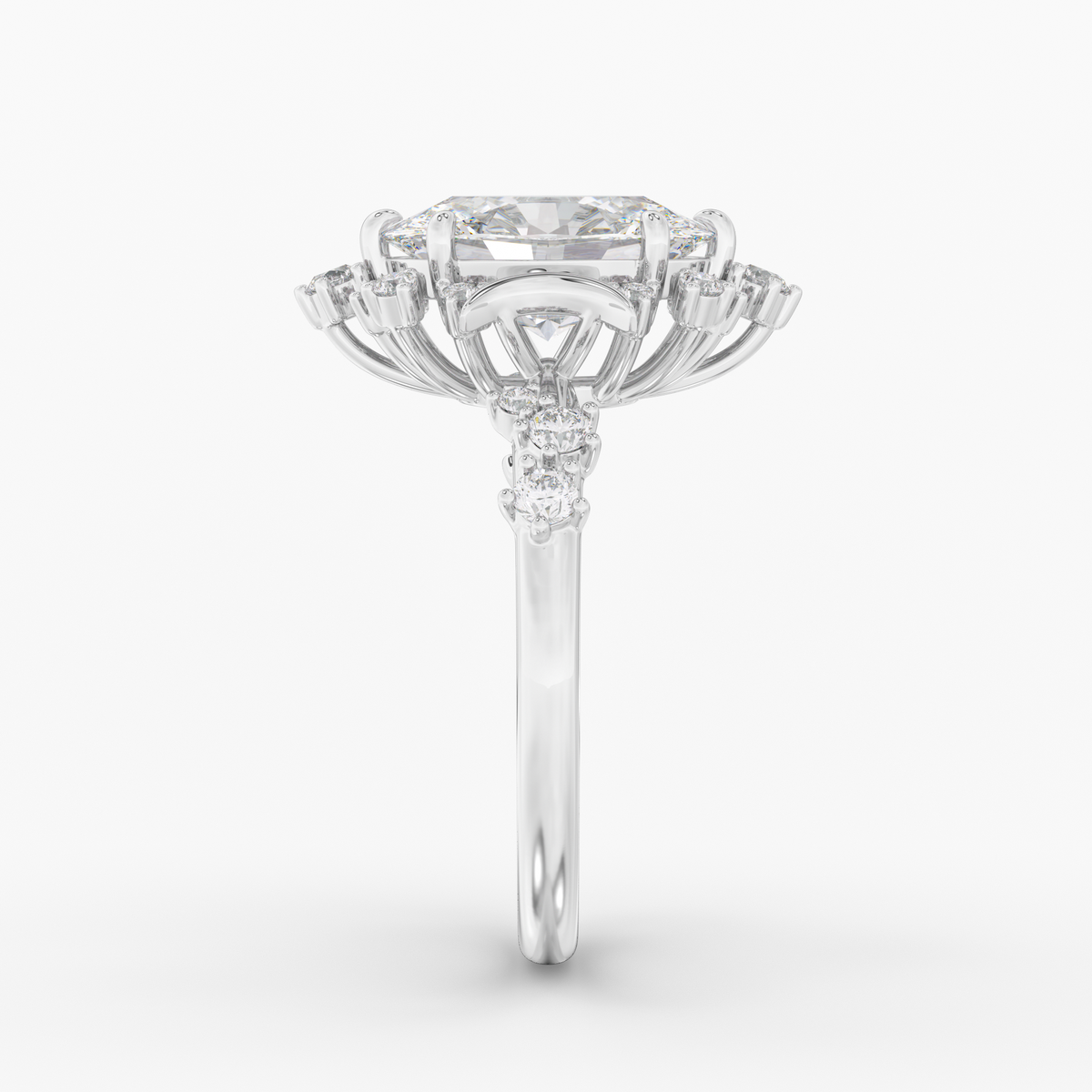 Caelum Oval engagement ring setting in 18K white gold, side view.