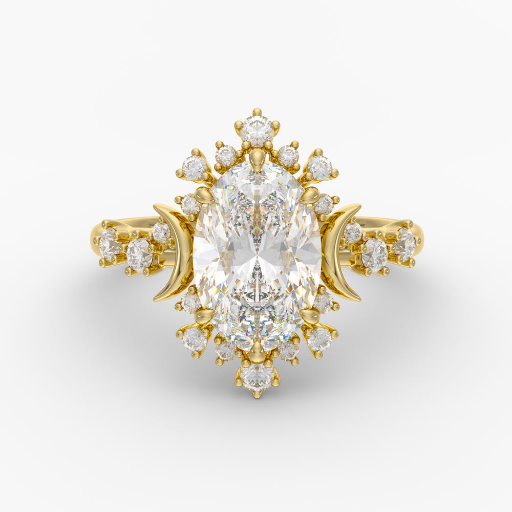 Caelum Oval engagement ring setting in 18K yellow gold, front view.