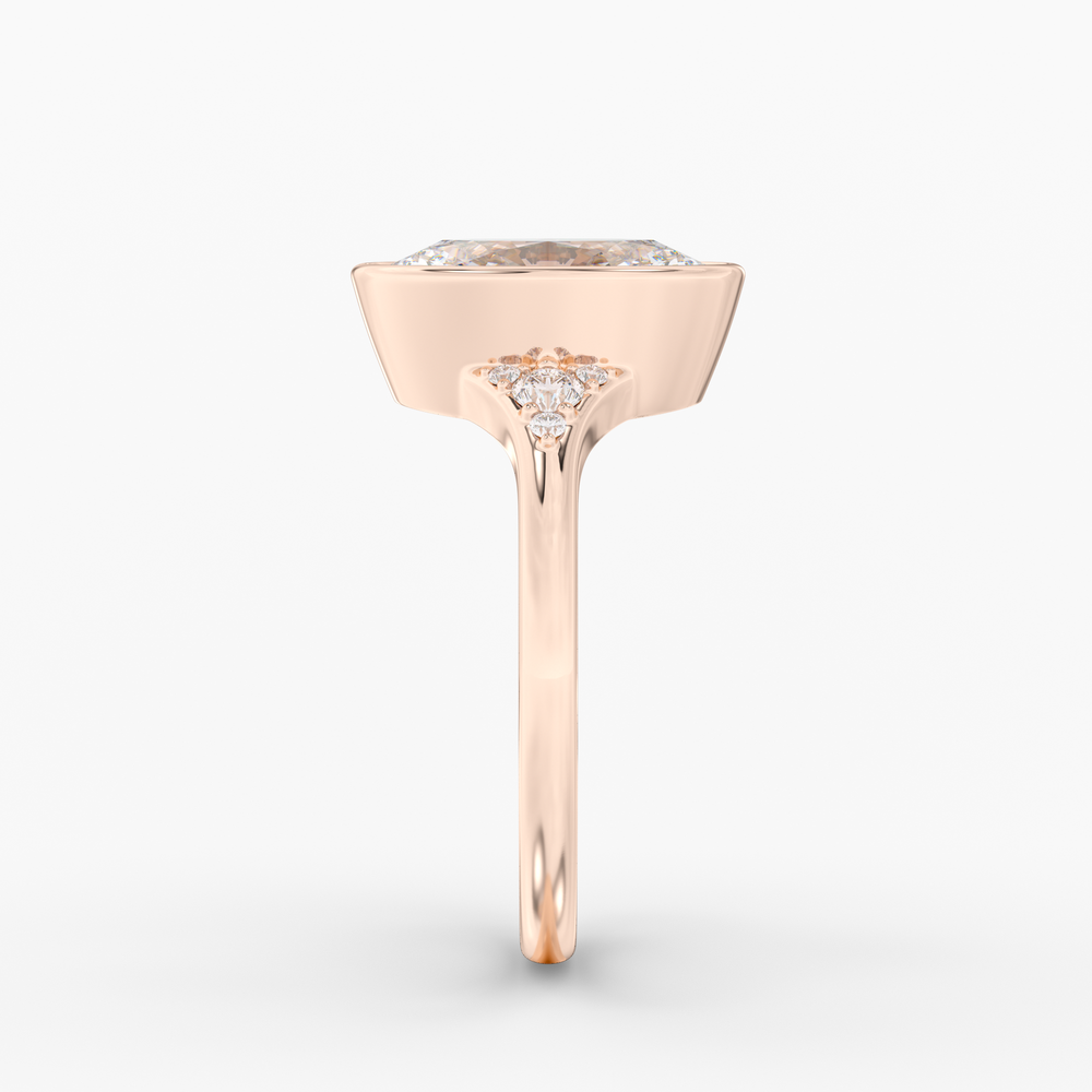 Evenfall Oval engagement ring setting in 18K rose gold, side view.