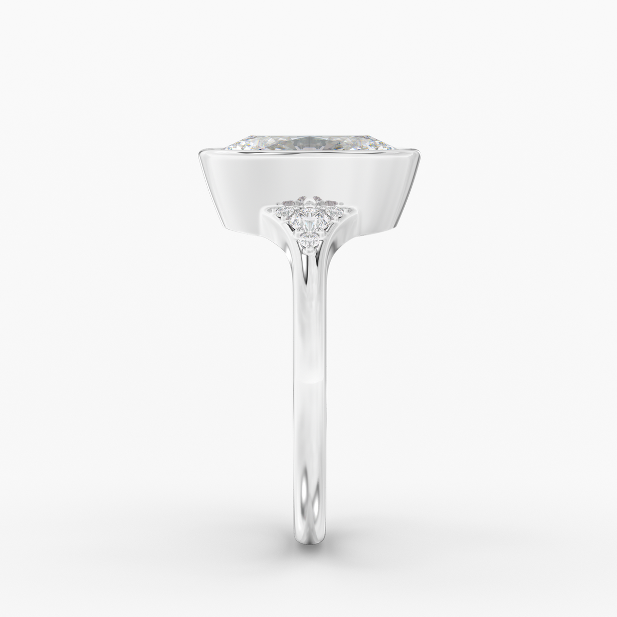 Evenfall Oval engagement ring setting in 18K white gold, side view.