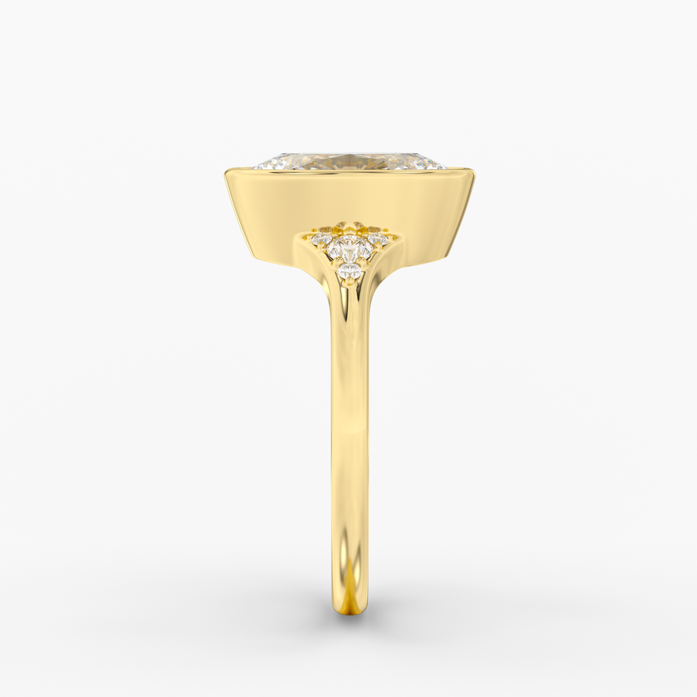 Evenfall Oval engagement ring setting in 18K yellow gold, side view.