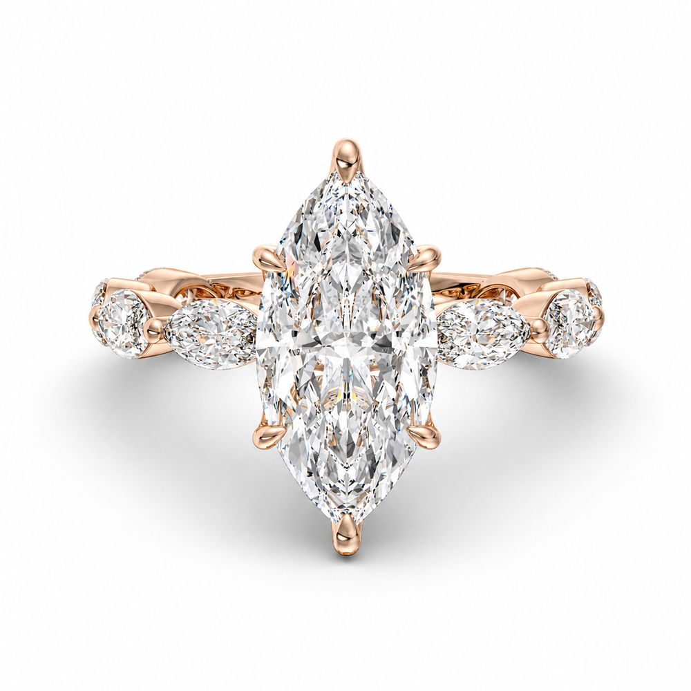 Lunara Marquise engagement ring setting in 18K rose gold, three-quarter view.