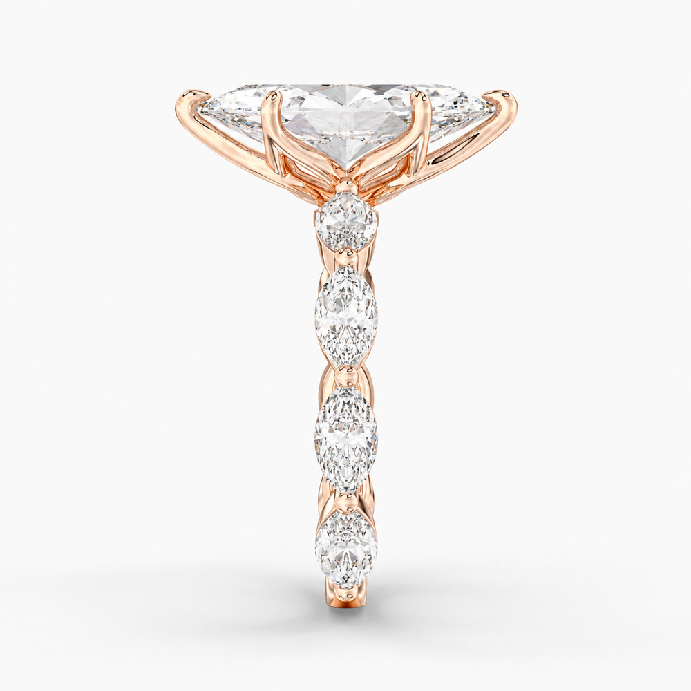Lunara Marquise engagement ring setting in 18K rose gold, three-quarter view.