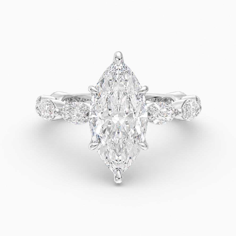 Lunara Marquise engagement ring setting in 18K white gold, front view.