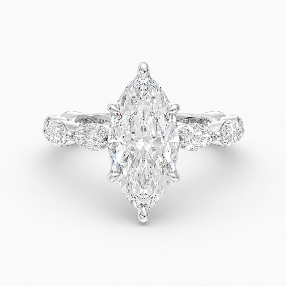 Lunara Marquise engagement ring setting in 18K white gold, front view.