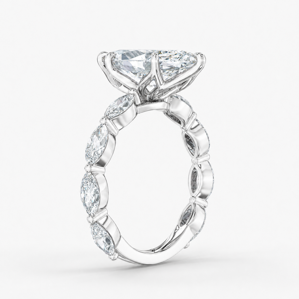Lunara Marquise engagement ring setting in 18K white gold, front view.