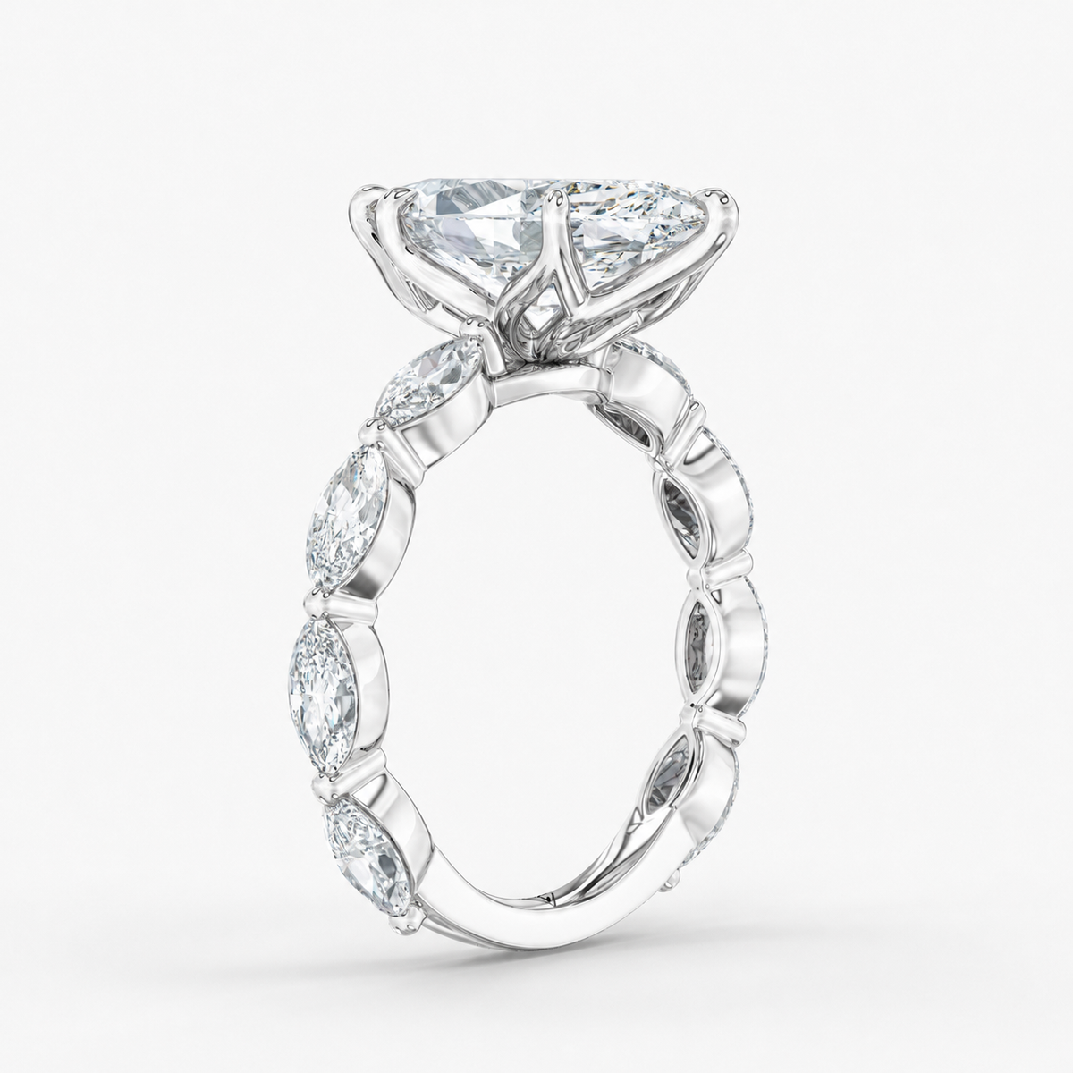 Lunara Marquise engagement ring setting in 18K white gold, front view.