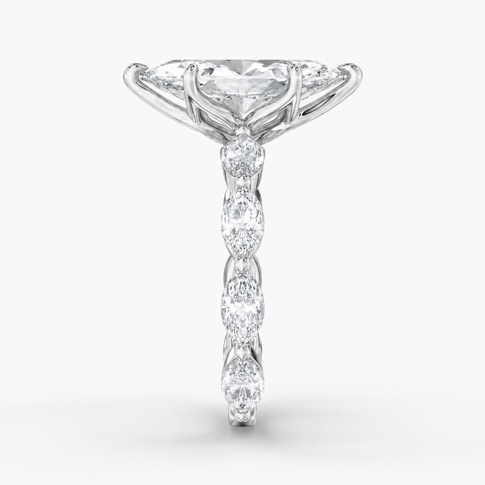 Lunara Marquise engagement ring setting in 18K white gold, front view.