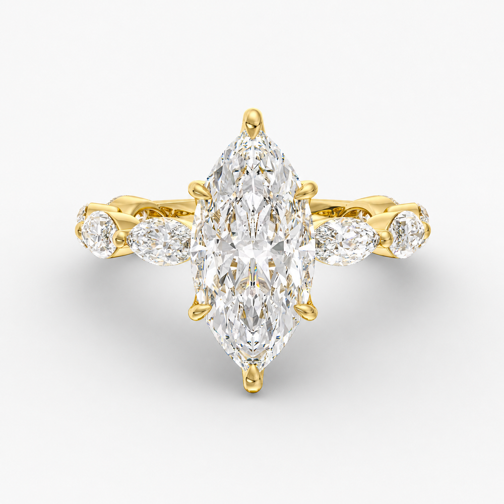 Lunara Marquise engagement ring setting in 18K yellow gold, three-quarter view.