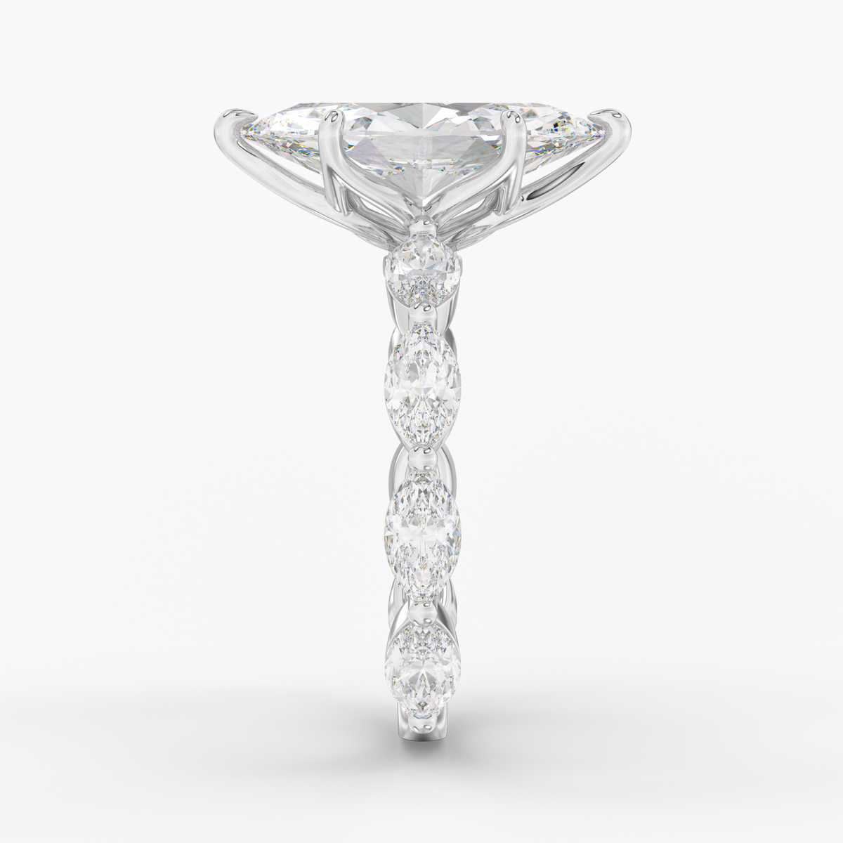 Lunara Oval engagement ring setting in 18K white gold, side view.