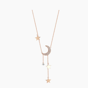 Moon Stars Diamond Necklace - <p style=line-height: 1.3;>Introducing our mesmerizing Moon Stars Diamond Necklace, featuring a celestial design of a crescent moon adorned with shimmering diamonds, surrounded by a constellation of delicate stars.  <br><br> Total diamond weight: 0.22 ct.</p > - Lab Grown Diamond Necklace - front