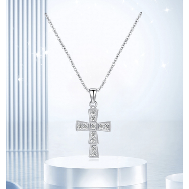 Cross Diamond Necklace - <p style="line-height: 1.3;">
Introducing our exquisite Cross Diamond Necklace, showcasing a beautifully crafted cross adorned with a sparkling diamond centerpiece. <br><br> Total diamond weight: 0.2 ct.
</p > - Lab Grown Diamond Necklace - model wear view