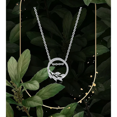 Forest Diamond Necklace - <p style="line-height: 1.3;">
Discover our enchanting Forest Diamond Necklace, featuring a harmonious design of graceful leaves adorned with shimmering diamonds, encircling an elegant circular frame. <br><br> Total diamond weight: 0.32 ct.
</p > - Lab Grown Diamond Necklace - model wear view